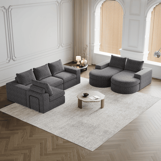 Sofá modular de 6 lugares - chenille curvada com chaise longue sem estrutura - cinza