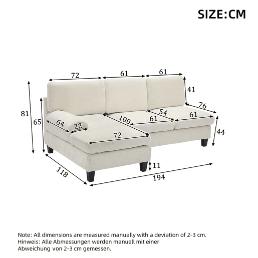 Sofá de 3 lugares 194x118x81 cm - Lateral, cama, linho, sala e quarto - Bege