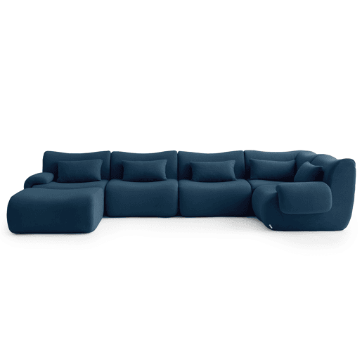 Sofá de canto modular de 5 lugares com chaise longue, tecido bouclé na cor azul profundo