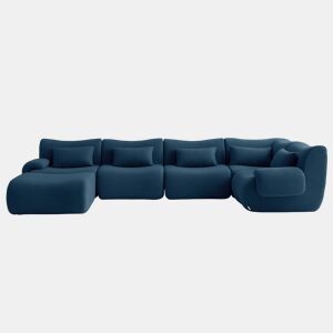Sofá de canto modular de 5 lugares com chaise longue, tecido bouclé na cor azul profundo