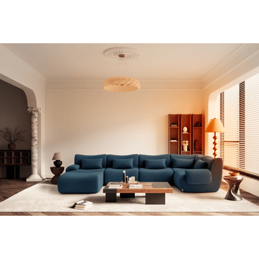 Sofá de canto modular de 5 lugares com chaise longue, tecido bouclé na cor azul profundo