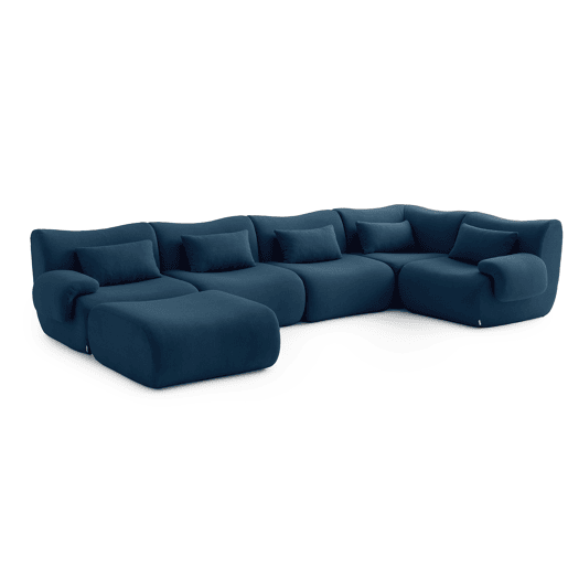 Sofá de canto modular de 5 lugares com chaise longue, tecido bouclé na cor azul profundo