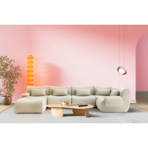 Sofá de canto modular de 5 lugares com chaise longue, tecido bouclé na cor bege creme