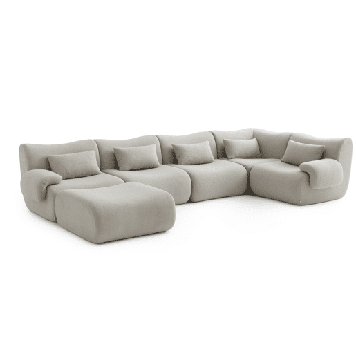 Sofá de canto modular de 5 lugares com chaise longue, tecido bouclé na cor bege creme