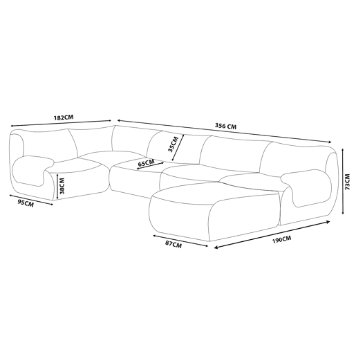 Sofá de canto modular de 5 lugares com chaise longue, tecido bouclé na cor bege creme
