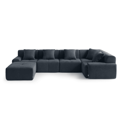 Sofá de canto modular de 5 lugares com chaise longue, tecido chenille na cor azul acinzentado