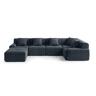 Sofá de canto modular de 5 lugares com chaise longue, tecido chenille na cor azul acinzentado