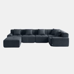Sofá de canto modular de 5 lugares com chaise longue, tecido chenille na cor azul acinzentado