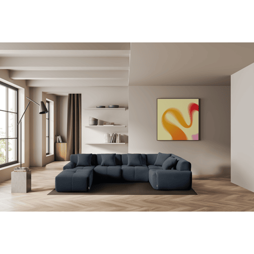 Sofá de canto modular de 5 lugares com chaise longue, tecido chenille na cor azul acinzentado