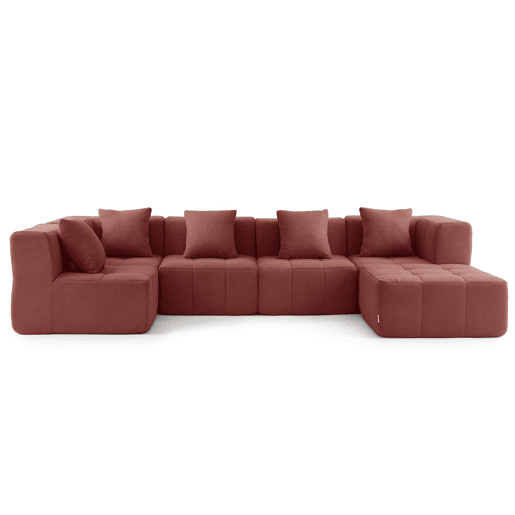Sofá de canto modular de 5 lugares com chaise longue, tecido bouclé na cor vermelho terracota