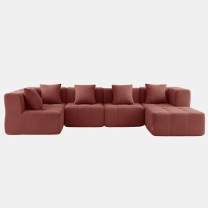 Sofá de canto modular de 5 lugares com chaise longue, tecido bouclé na cor vermelho terracota