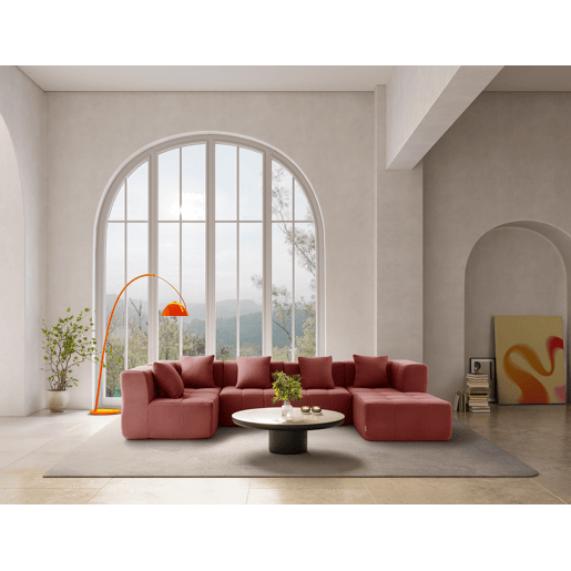 Sofá de canto modular de 5 lugares com chaise longue, tecido bouclé na cor vermelho terracota