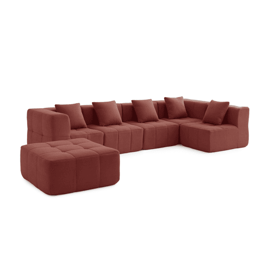 Sofá de canto modular de 5 lugares com chaise longue, tecido bouclé na cor vermelho terracota