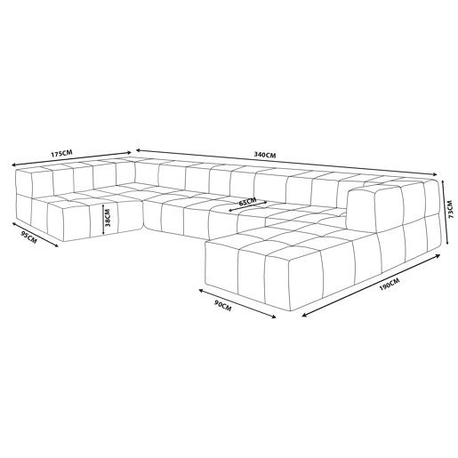 Sofá de canto modular de 5 lugares com chaise longue, tecido bouclé na cor vermelho terracota
