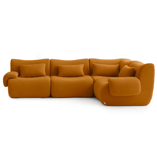 Sofá de canto modular de 4 lugares, tecido bouclé na cor marrom canela