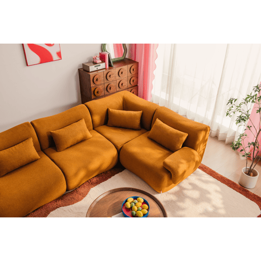 Sofá de canto modular de 4 lugares, tecido bouclé na cor marrom canela