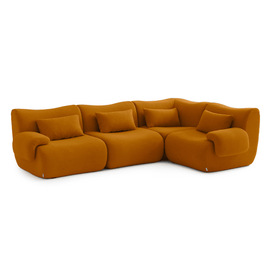 Sofá de canto modular de 4 lugares, tecido bouclé na cor marrom canela