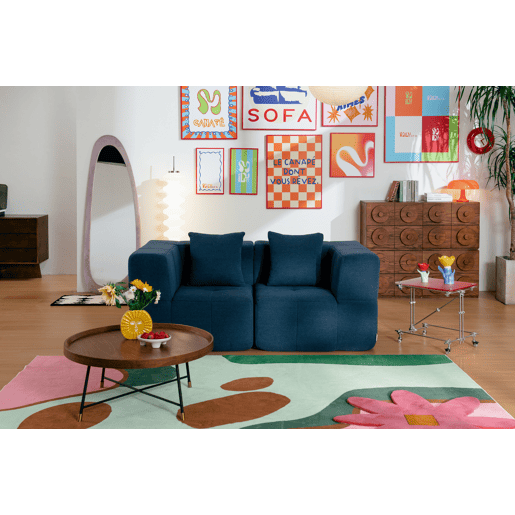 Sofá modular de 2 lugares, tecido bouclé na cor azul profundo