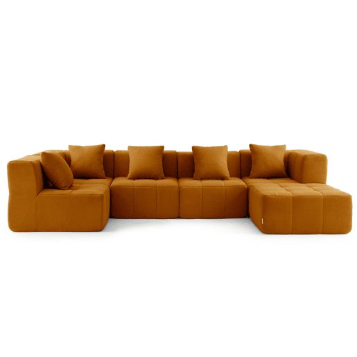 Sofá de canto modular de 5 lugares com chaise longue, tecido bouclé na cor marrom canela