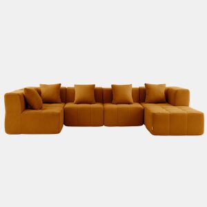 Sofá de canto modular de 5 lugares com chaise longue, tecido bouclé na cor marrom canela