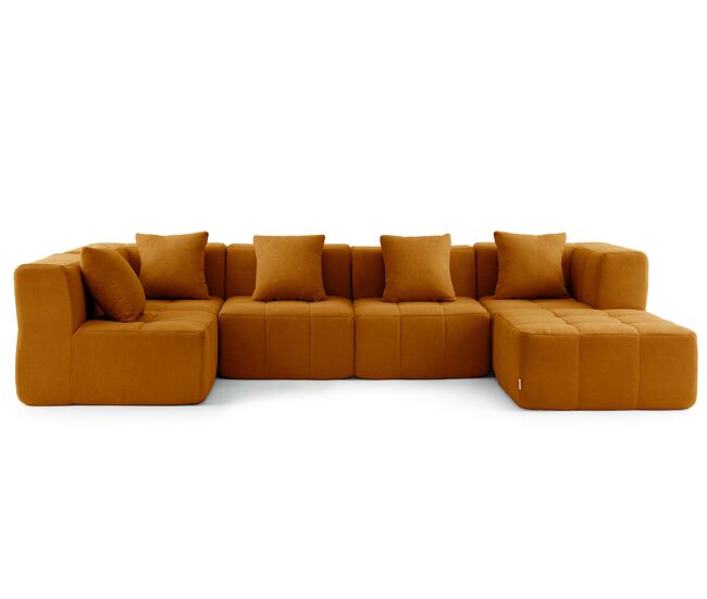Sofá esquinero modular de 5 plazas con chaise longue, tejido bouclé en color marrón canela