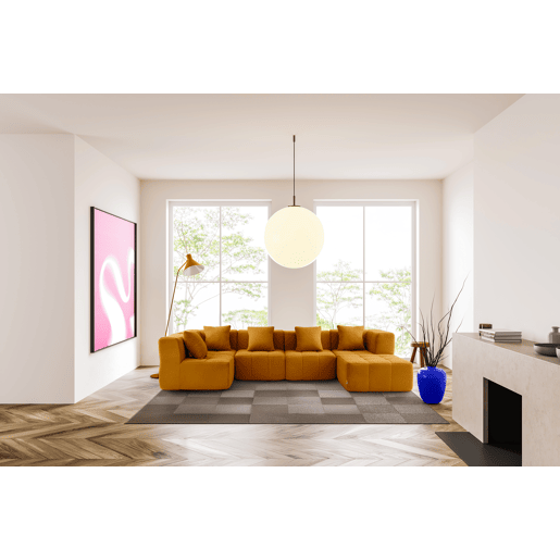 Sofá de canto modular de 5 lugares com chaise longue, tecido bouclé na cor marrom canela