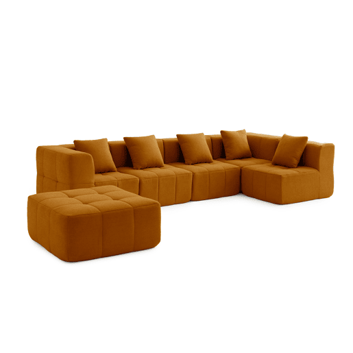Sofá de canto modular de 5 lugares com chaise longue, tecido bouclé na cor marrom canela