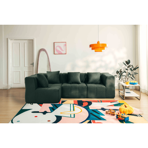 Sofá de canto modular de 4 lugares, tecido bouclé na cor verde floresta