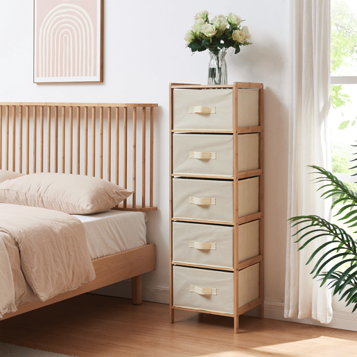 Cómoda Maldon 5 gavetas em tecido bambu 122x37x35cm naturalbege en.casa