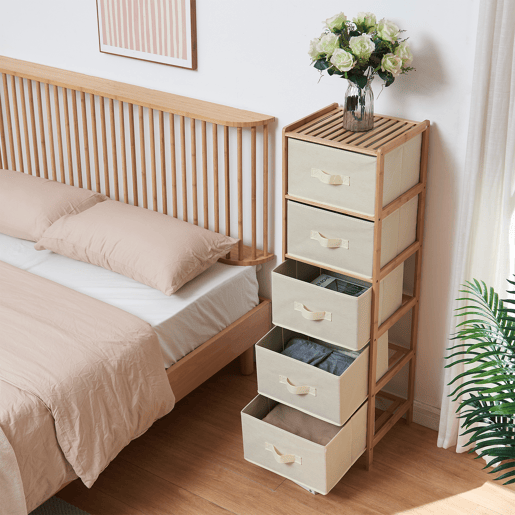 Cómoda Maldon 5 gavetas em tecido bambu 122x37x35cm naturalbege en.casa