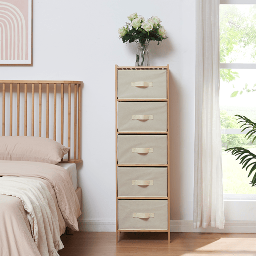 Cómoda Maldon 5 gavetas em tecido bambu 122x37x35cm naturalbege en.casa