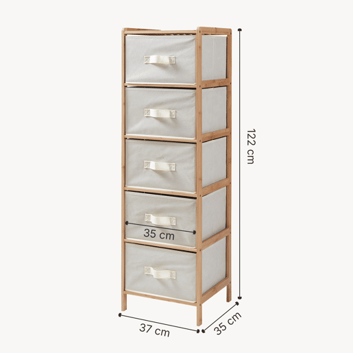 Cómoda Maldon 5 gavetas em tecido bambu 122x37x35cm naturalbege en.casa