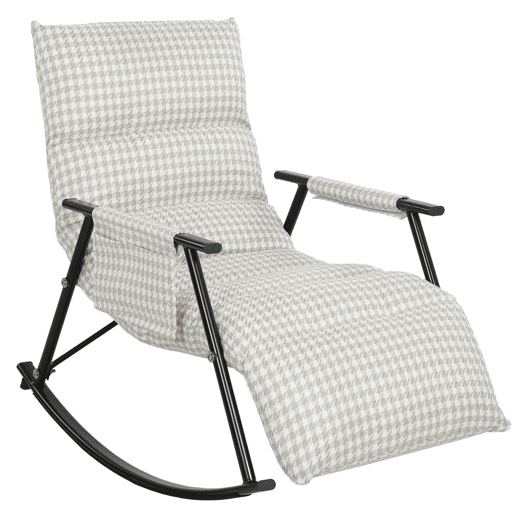 HOMCOM Poltrona Baloiço com Encosto e Apoia-Pés Ajustáveis Poltrona Baloiço 105° Estofada em Linho com Bolso Lateral e Estrutura de Metal Suporta 120 kg para Quarto Sala Cinzento e Branco
