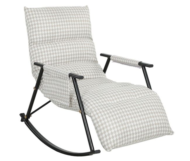 Homcom silla mecedora con respaldo y reposapiés ajustables, mecedora sillón balancín 105°, tapizada en lino, con bolsillo lateral y marco de metal, carga 120 kg, para dormitorio, salón, gris y blanco