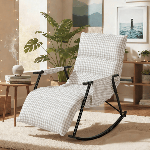 HOMCOM Poltrona Baloiço com Encosto e Apoia-Pés Ajustáveis Poltrona Baloiço 105° Estofada em Linho com Bolso Lateral e Estrutura de Metal Suporta 120 kg para Quarto Sala Cinzento e Branco