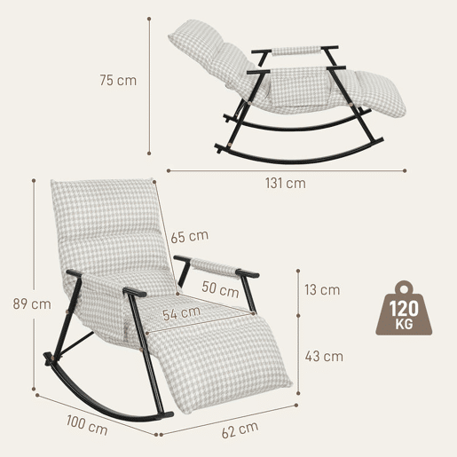 HOMCOM Poltrona Baloiço com Encosto e Apoia-Pés Ajustáveis Poltrona Baloiço 105° Estofada em Linho com Bolso Lateral e Estrutura de Metal Suporta 120 kg para Quarto Sala Cinzento e Branco