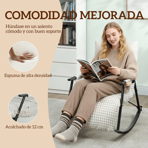 HOMCOM Poltrona Baloiço com Encosto e Apoia-Pés Ajustáveis Poltrona Baloiço 105° Estofada em Linho com Bolso Lateral e Estrutura de Metal Suporta 120 kg para Quarto Sala Cinzento e Branco