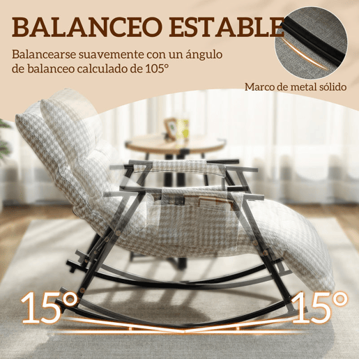 HOMCOM Poltrona Baloiço com Encosto e Apoia-Pés Ajustáveis Poltrona Baloiço 105° Estofada em Linho com Bolso Lateral e Estrutura de Metal Suporta 120 kg para Quarto Sala Cinzento e Branco