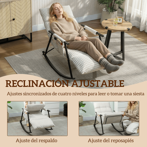 HOMCOM Poltrona Baloiço com Encosto e Apoia-Pés Ajustáveis Poltrona Baloiço 105° Estofada em Linho com Bolso Lateral e Estrutura de Metal Suporta 120 kg para Quarto Sala Cinzento e Branco