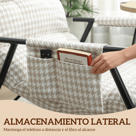 HOMCOM Poltrona Baloiço com Encosto e Apoia-Pés Ajustáveis Poltrona Baloiço 105° Estofada em Linho com Bolso Lateral e Estrutura de Metal Suporta 120 kg para Quarto Sala Cinzento e Branco