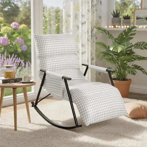 HOMCOM Poltrona Baloiço com Encosto e Apoia-Pés Ajustáveis Poltrona Baloiço 105° Estofada em Linho com Bolso Lateral e Estrutura de Metal Suporta 120 kg para Quarto Sala Cinzento e Branco