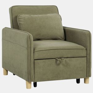 HOMCOM Sofá Cama Individual 3 em 1, Sofá Cama Dobrável Estofado em Veludo Ecológico com Encosto Ajustável em 3 Níveis, 6 Bolsos Laterais e Almofada, para Quarto ou Sala, 74x85,5x82 cm Verde