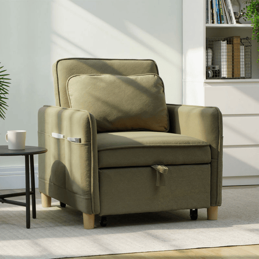 HOMCOM Sofá Cama Individual 3 em 1, Sofá Cama Dobrável Estofado em Veludo Ecológico com Encosto Ajustável em 3 Níveis, 6 Bolsos Laterais e Almofada, para Quarto ou Sala, 74x85,5x82 cm Verde