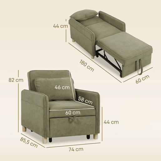 HOMCOM Sofá Cama Individual 3 em 1, Sofá Cama Dobrável Estofado em Veludo Ecológico com Encosto Ajustável em 3 Níveis, 6 Bolsos Laterais e Almofada, para Quarto ou Sala, 74x85,5x82 cm Verde