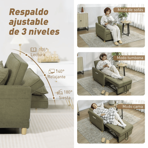 HOMCOM Sofá Cama Individual 3 em 1, Sofá Cama Dobrável Estofado em Veludo Ecológico com Encosto Ajustável em 3 Níveis, 6 Bolsos Laterais e Almofada, para Quarto ou Sala, 74x85,5x82 cm Verde
