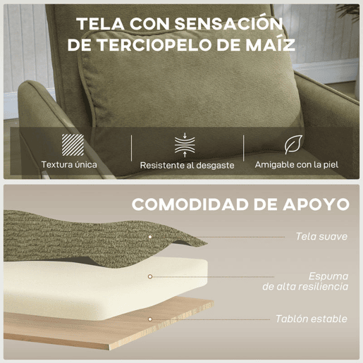 HOMCOM Sofá Cama Individual 3 em 1, Sofá Cama Dobrável Estofado em Veludo Ecológico com Encosto Ajustável em 3 Níveis, 6 Bolsos Laterais e Almofada, para Quarto ou Sala, 74x85,5x82 cm Verde