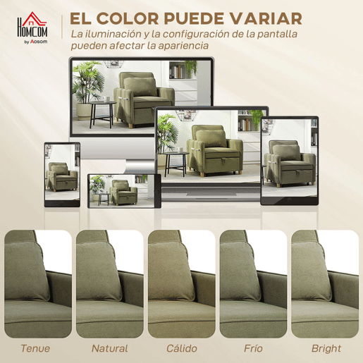 HOMCOM Sofá Cama Individual 3 em 1, Sofá Cama Dobrável Estofado em Veludo Ecológico com Encosto Ajustável em 3 Níveis, 6 Bolsos Laterais e Almofada, para Quarto ou Sala, 74x85,5x82 cm Verde