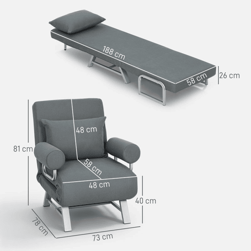 HOMCOM Sofá Cama de 1 Lugar 3 em 1 Sofá Cama Dobrável Estofado em Linho Sintético com Encosto Ajustável em 5 Níveis e Almofada Acolchoada para Escritório Quarto Sala de Estar 73x78x81 cm Cinzento Escuro