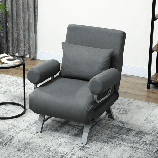 HOMCOM Sofá Cama de 1 Lugar 3 em 1 Sofá Cama Dobrável Estofado em Linho Sintético com Encosto Ajustável em 5 Níveis e Almofada Acolchoada para Escritório Quarto Sala de Estar 73x78x81 cm Cinzento Escuro