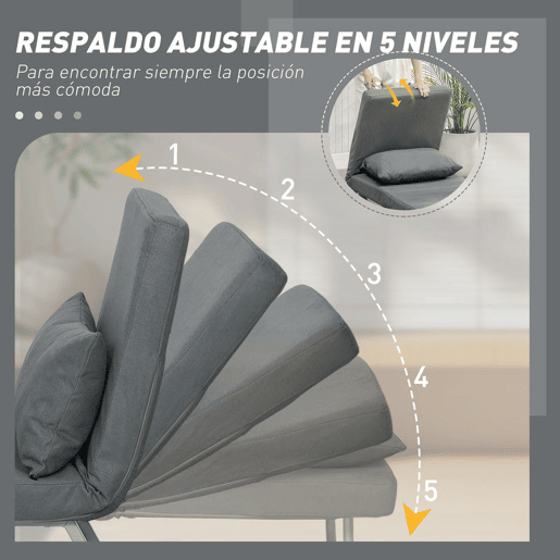 HOMCOM Sofá Cama de 1 Lugar 3 em 1 Sofá Cama Dobrável Estofado em Linho Sintético com Encosto Ajustável em 5 Níveis e Almofada Acolchoada para Escritório Quarto Sala de Estar 73x78x81 cm Cinzento Escuro